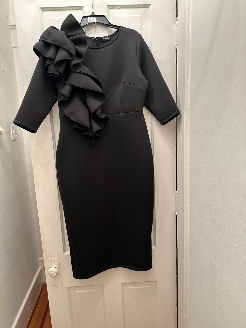 Why Black Midi Cocktail Dress With Dramatic Cascade Ruffle, 3/4 length Sleeveles